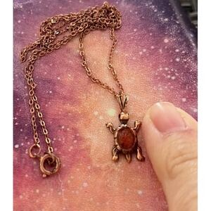 Miniture Copper Sea Turtle With Faux AmberPendant Charm Necklace  With  16"Chain
